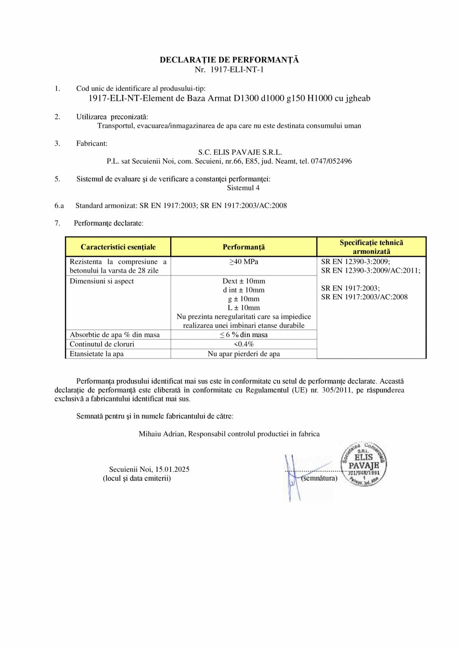Pagina 1-Declaratie de performanta - Element de baza cu jgheab armat D1300 d1000 g150 H1000 ELIS PAVAJE...