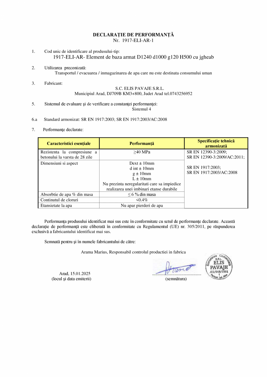 Pagina 1-Declaratie de performanta - AR - Element de baza cu jgheab armat D1240 d1000 g120 H500 ELIS PAVAJE...