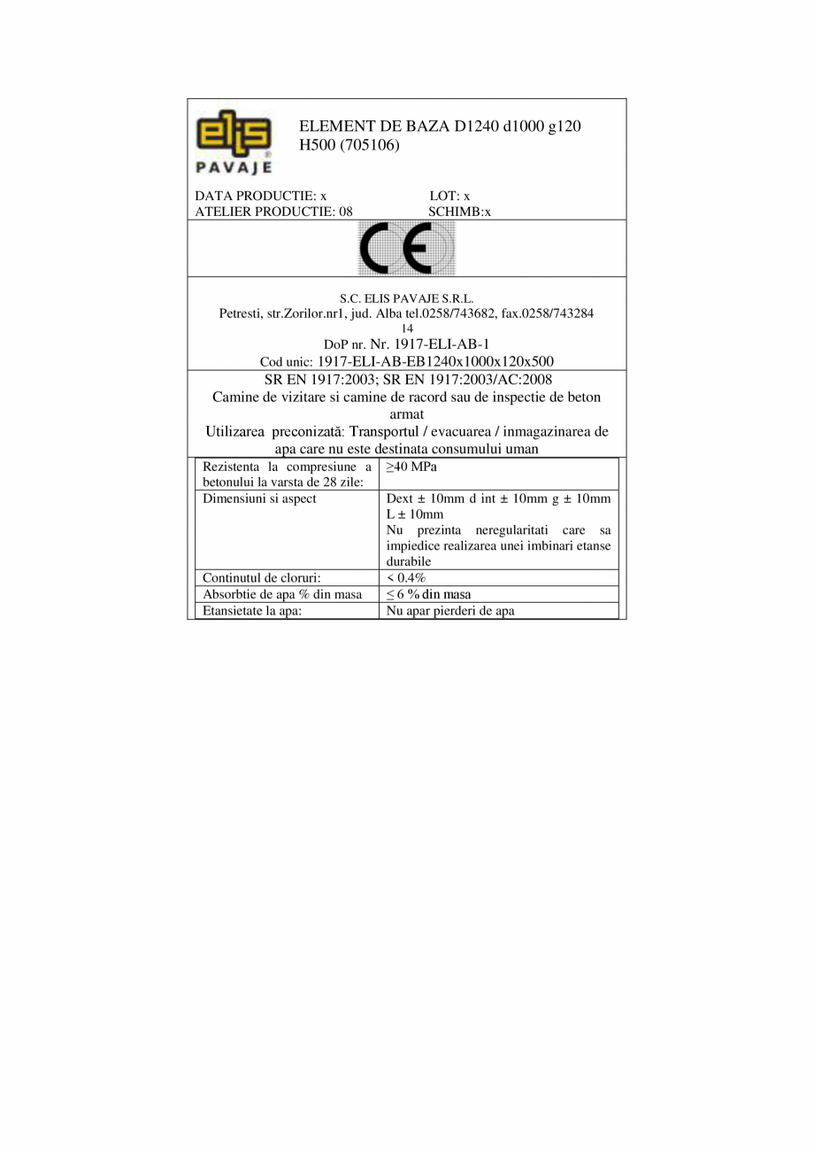 Pagina 2-Declaratie de performanta - Petresti - Element de baza armat D1240 H500 ELIS PAVAJE Elemente de baza...