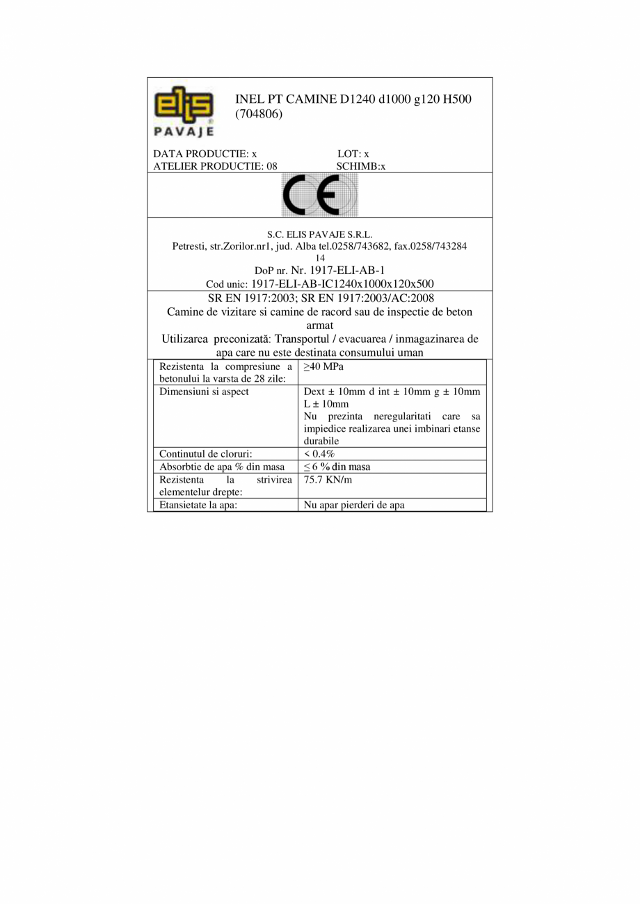 Pagina 2-Declaratie de performanta -  Petresti - Inel pentru camine armat D1240 H500 ELIS PAVAJE elemente...