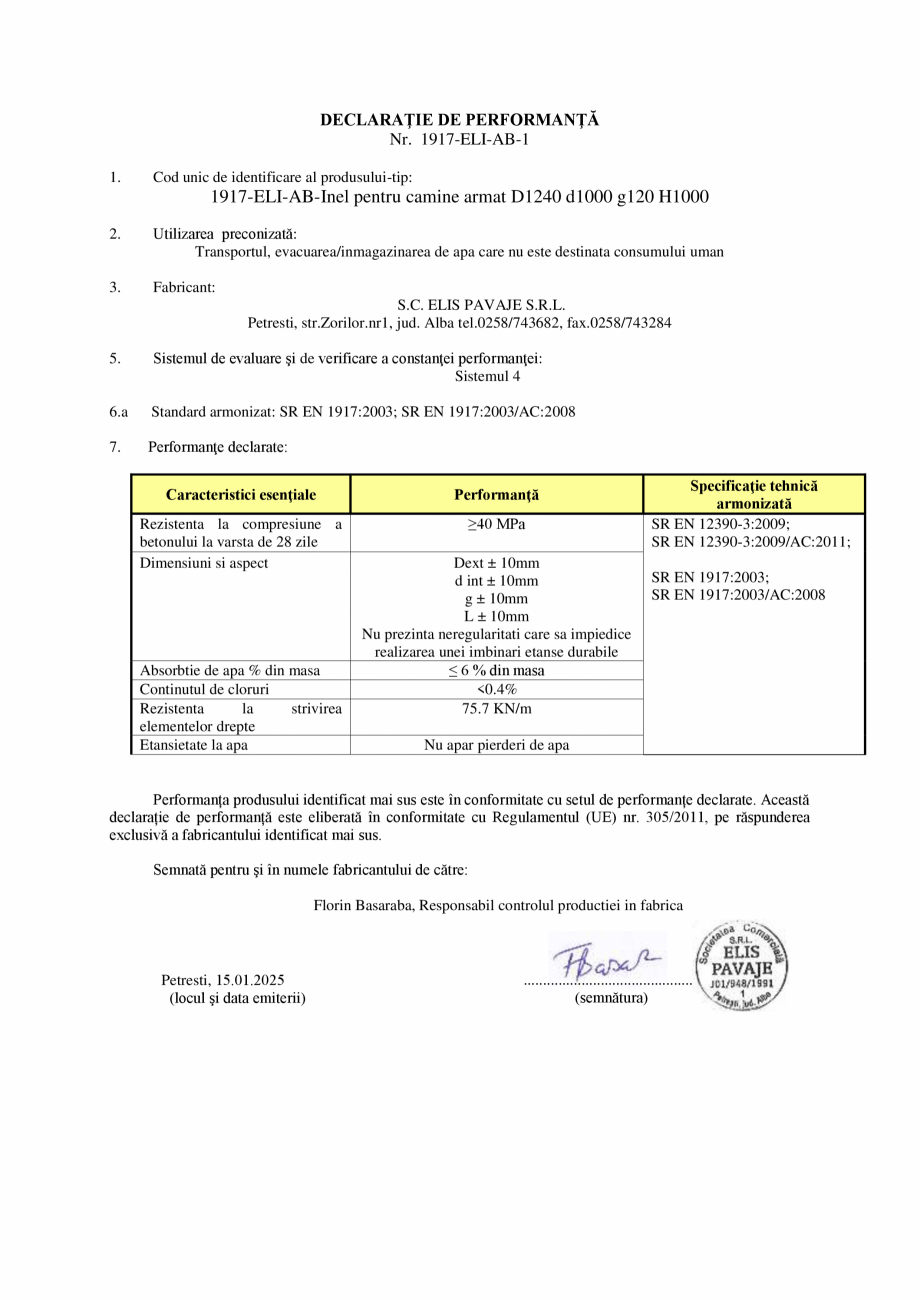 Pagina 1-Declaratie de performanta - Petresti - Inel pentru camine armat D1240 H1000 ELIS PAVAJE elemente...