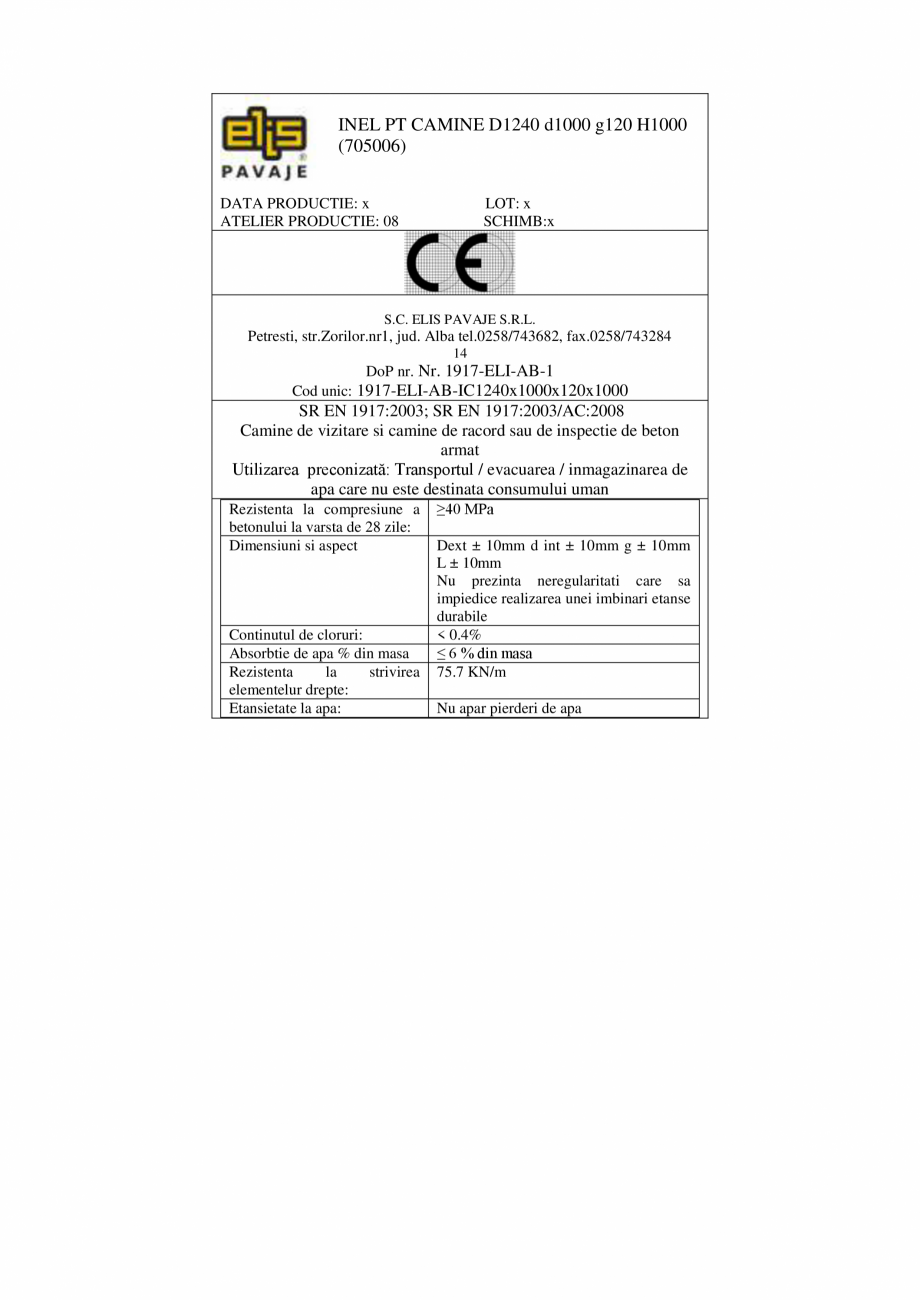 Pagina 2-Declaratie de performanta - Petresti - Inel pentru camine armat D1240 H1000 ELIS PAVAJE elemente...