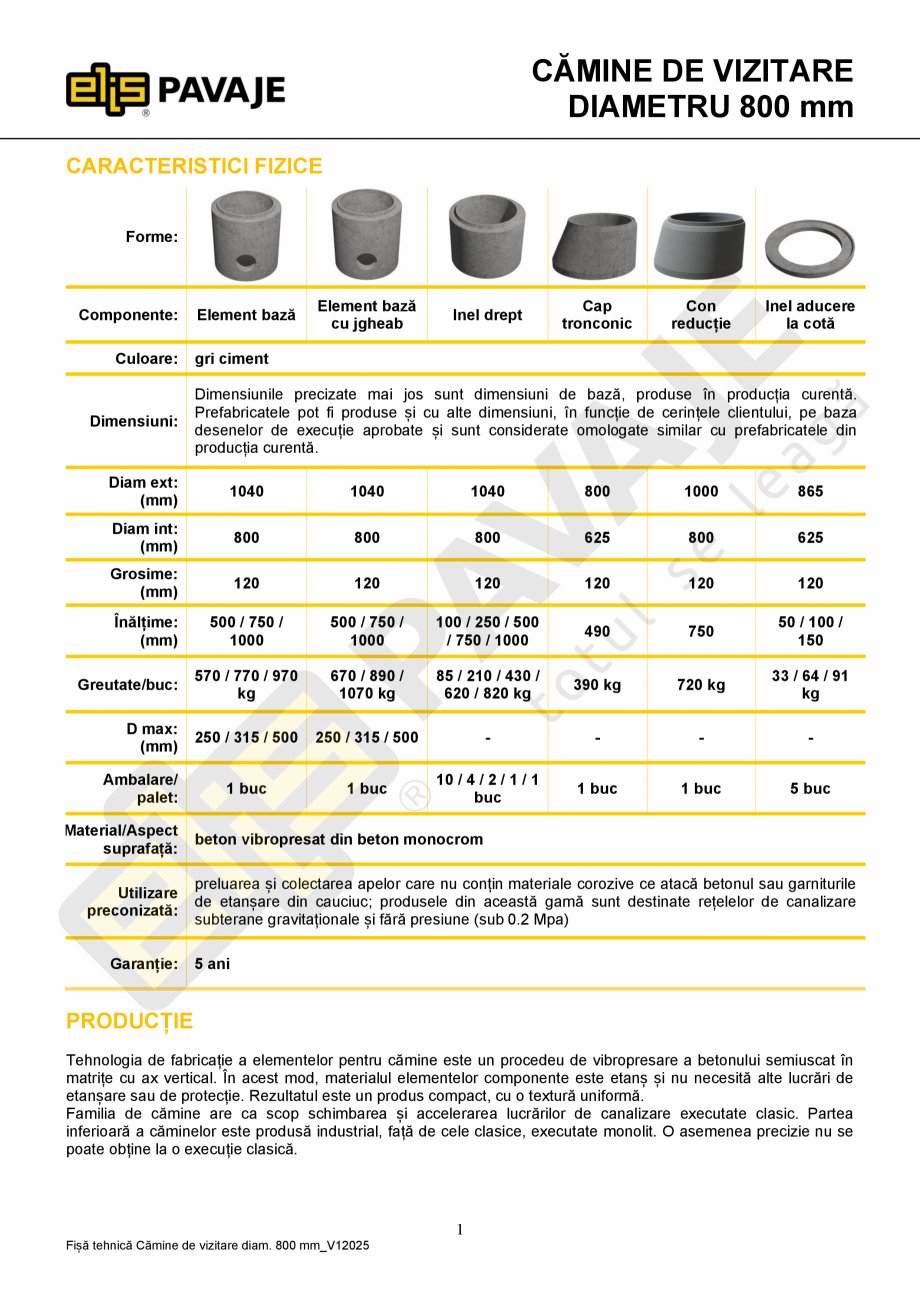 Pagina 1-Camine vizitare 800 mm ELIS PAVAJE Cap tronconic 800 Fisa tehnica Romana CĂMINE DE VIZITARE...