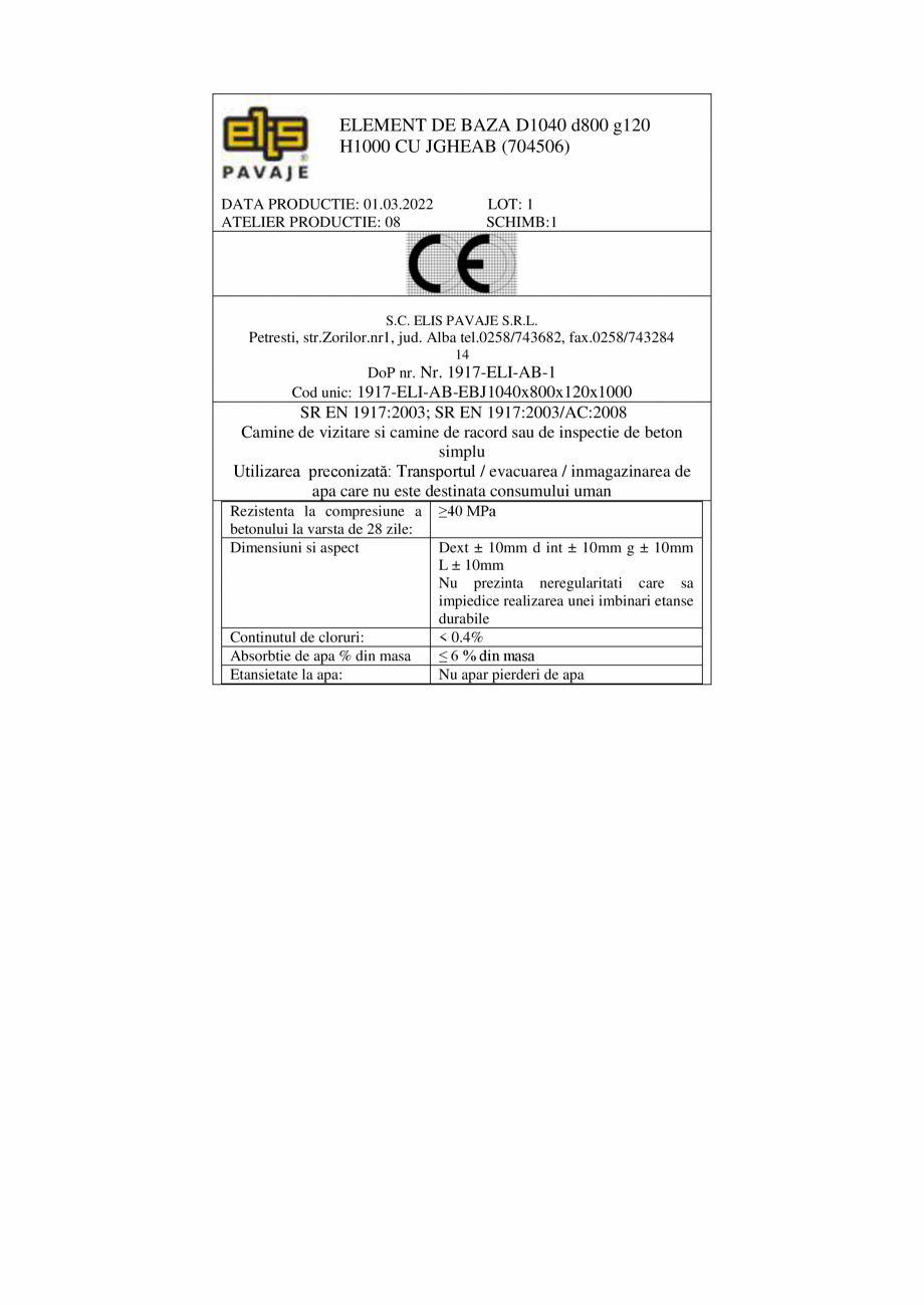 Pagina 2-Declaratie de performanta - Petresti - Element de baza cu jgheab D1040 H1000 ELIS PAVAJE Elemente...