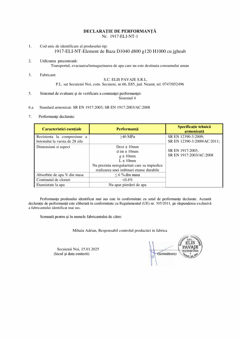 Pagina 1-Declaratie de performanta - Element de baza cu jgheab D1040 d800 g120 H1000 ELIS PAVAJE Elemente...