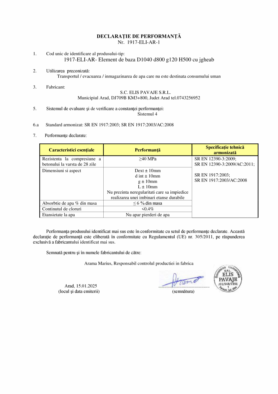 Pagina 1 - Declaratie de performanta - AR - Element de baza cu jgheab D1040 d800 g120 H500 ELIS...