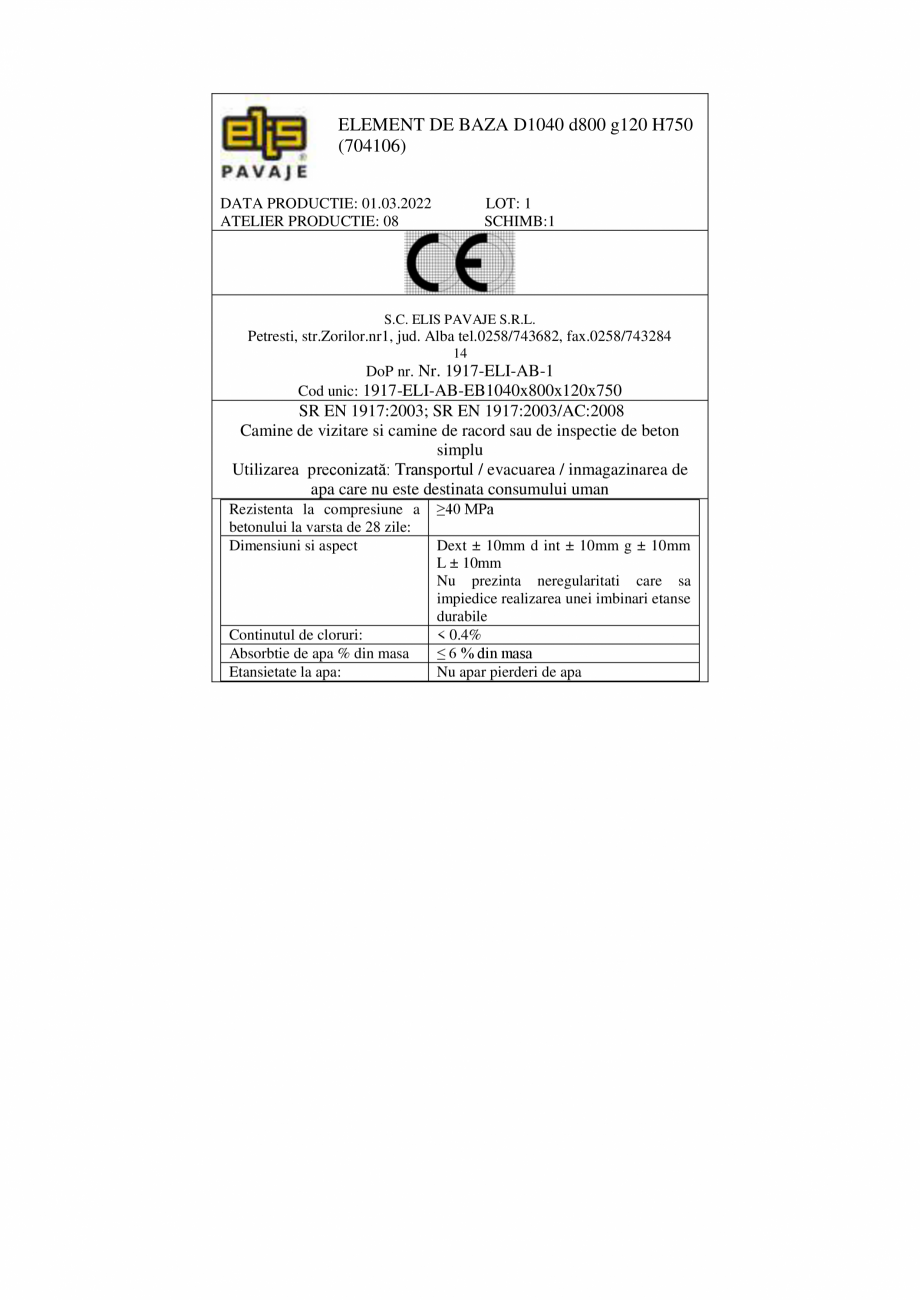 Pagina 2-Declaratie de performanta - Petresti - Element de baza D1040 H750 ELIS PAVAJE Elemente de baza 800...