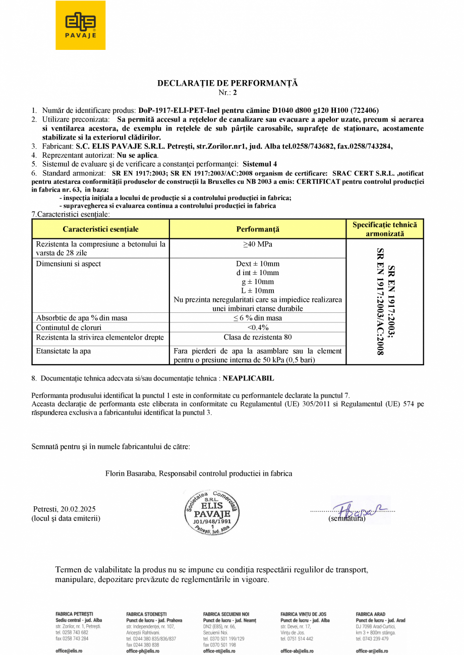 Pagina 1 - Declaratie de performanta - Petresti - Inel pentru camine D1040 H100 ELIS PAVAJE elemente...