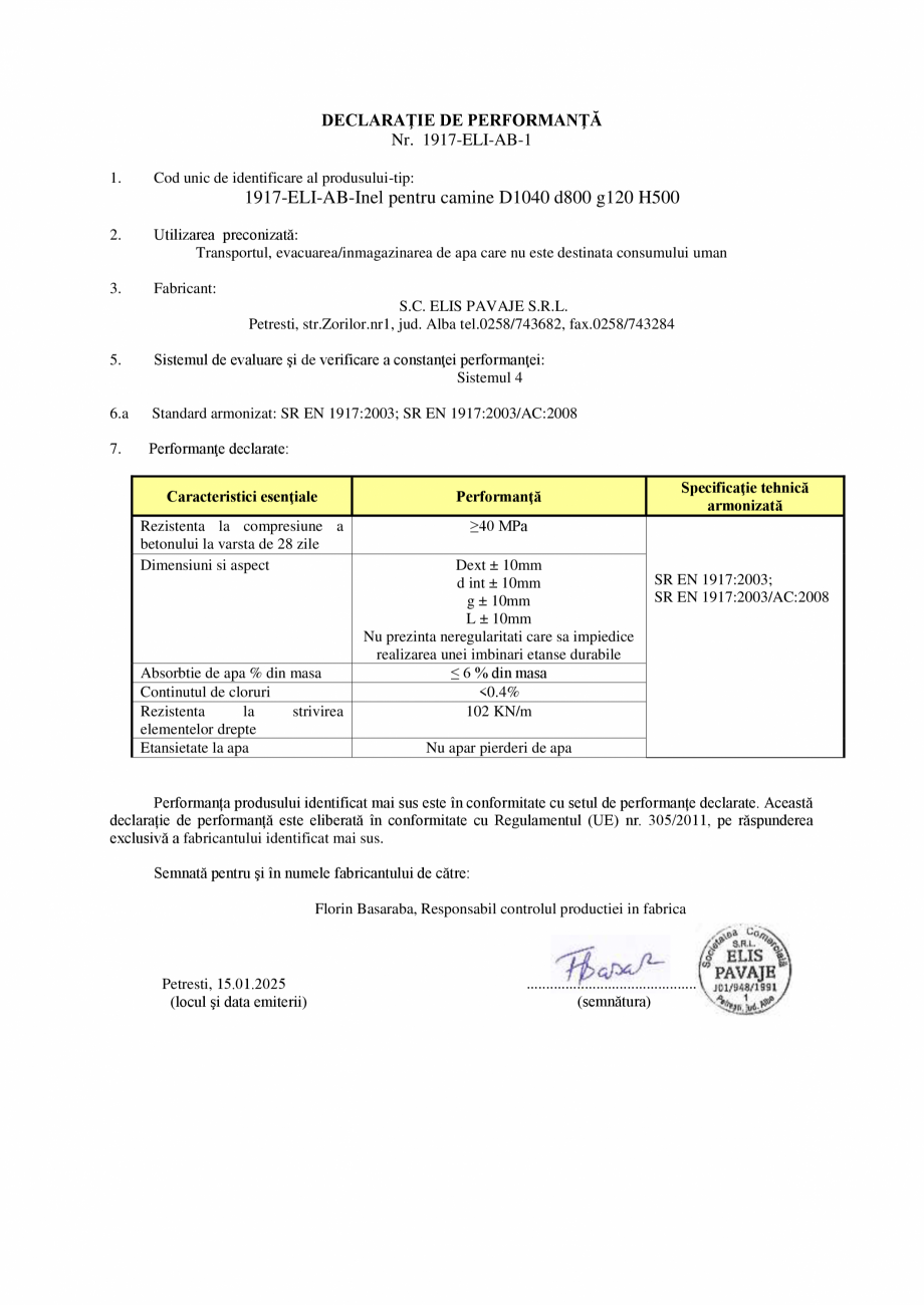 Pagina 1 - Declaratie de performanta - Petresti - Inel pentru camine D1040 H500 ELIS PAVAJE elemente...
