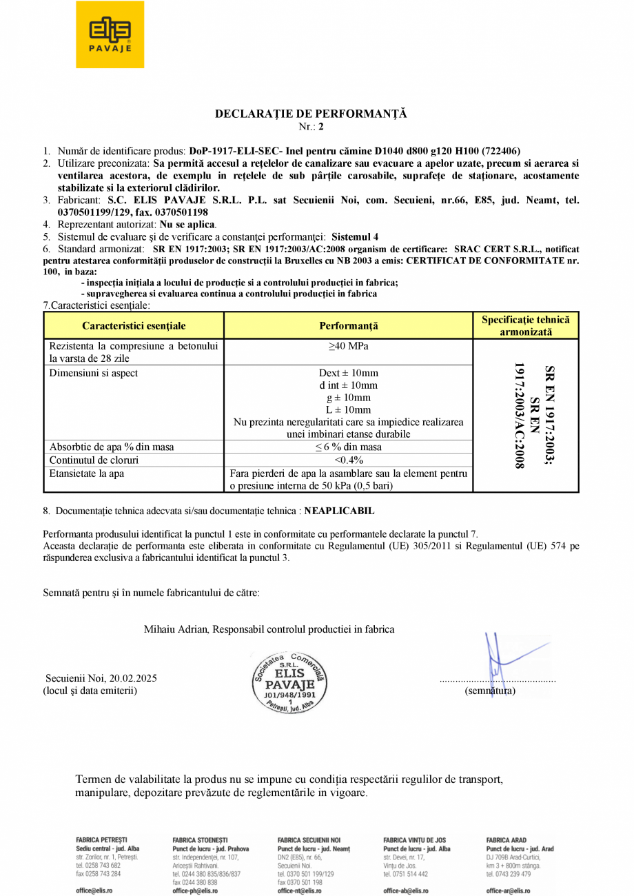 Pagina 1 - Declaratie de performanta - Inel pentru camine D1040 d800 g120 H100 ELIS PAVAJE elemente ...
