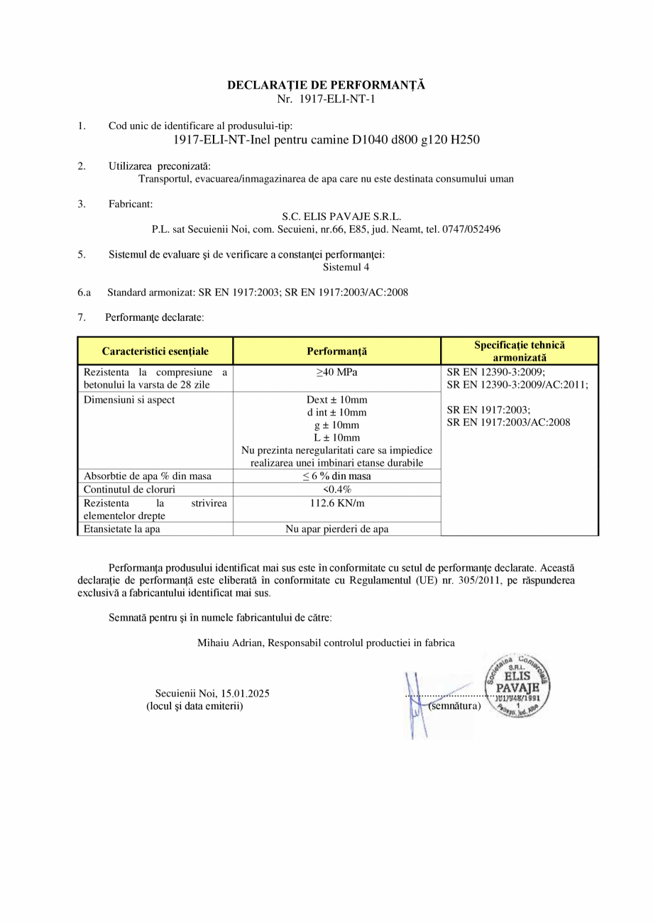 Pagina 1 - Declaratie de performanta - Inel pentru camine D1040 d800 g120 H250 ELIS PAVAJE elemente ...