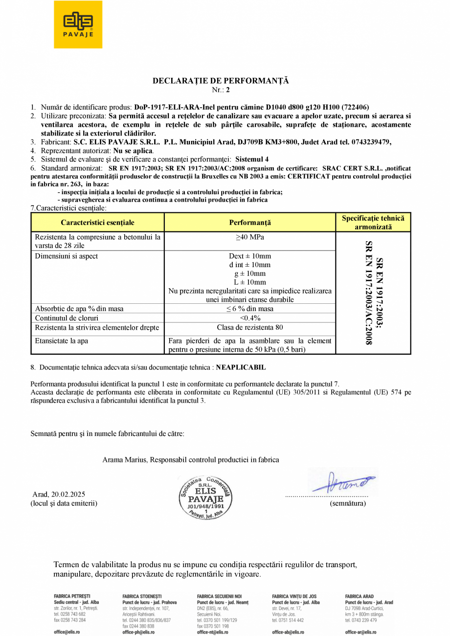 Pagina 1-Declaratie de performanta - AR - Inel pentru camine D1040 d800 g120 H100 ELIS PAVAJE elemente drepte...