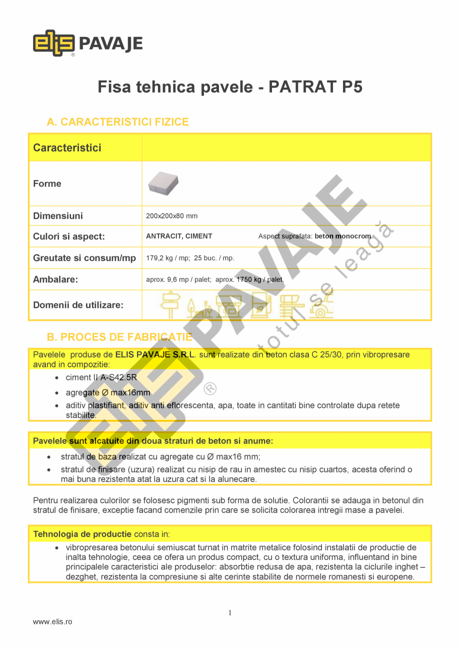 Pagina 1 - Pavele si dale Standard ELIS PAVAJE PATRAT P5 Fisa tehnica Romana Fisa tehnica pavele -...