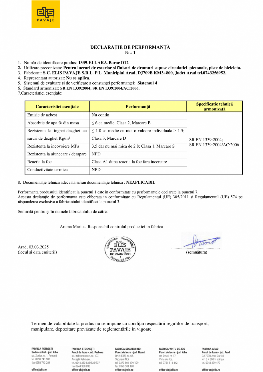 Pagina 1 - Declaratie de performanta - pavea ELIS PAVAJE Baroc D12 Certificare produs Romana...