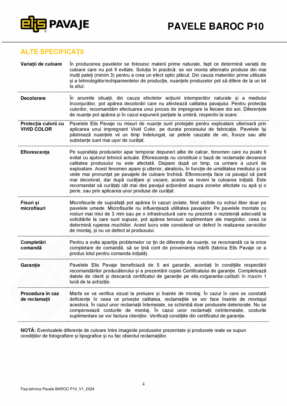 Pagina 4 - Pavea premium plus ELIS PAVAJE Baroc P10 Fisa tehnica Romana use necesită
asigurare...