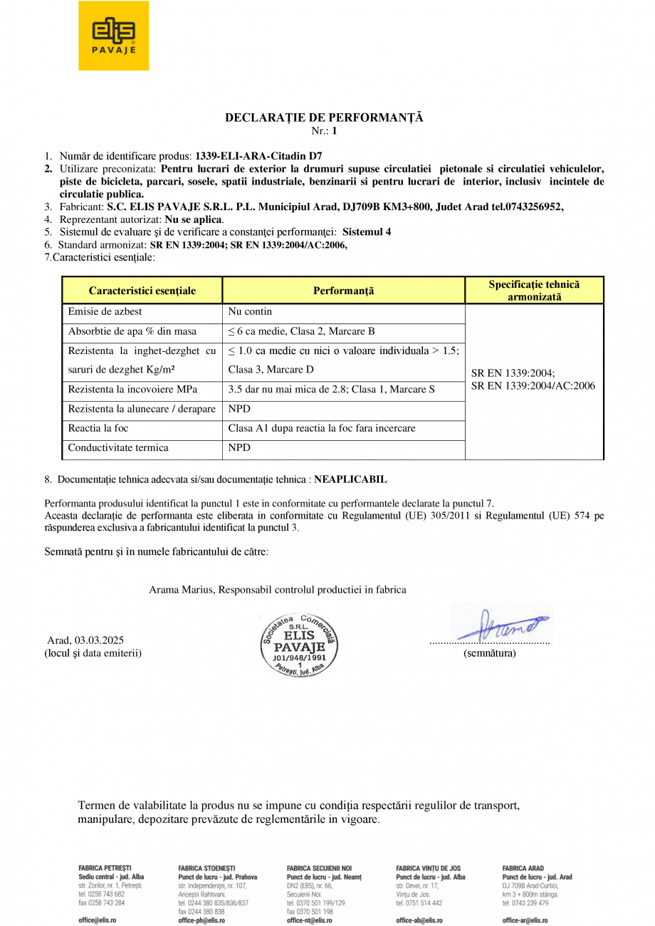 Pagina 1-Declaratie de performanta - pavea  ELIS PAVAJE Citadin D7 Certificare produs Romana DECLARAŢIE DE...