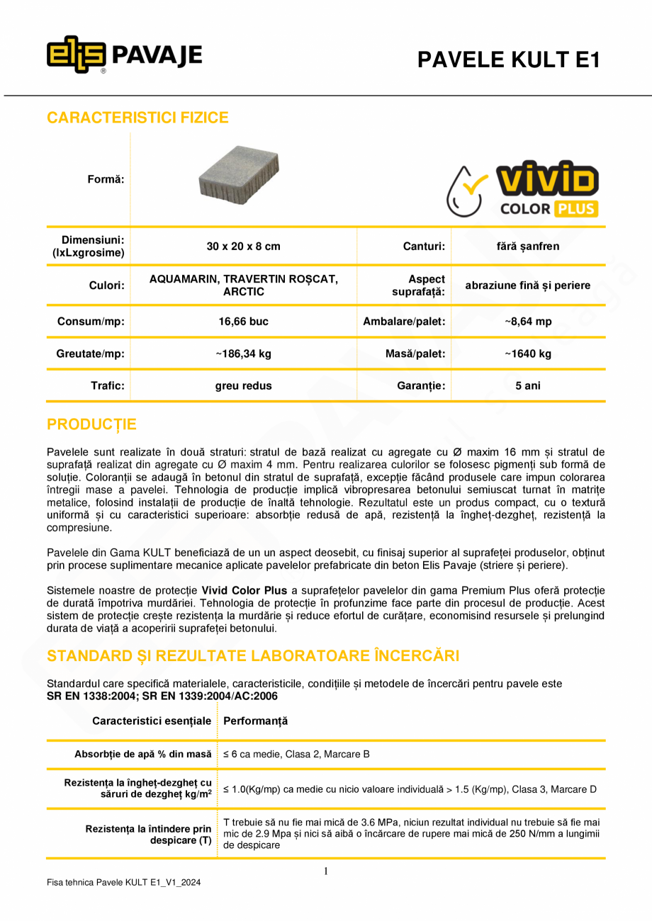 Pagina 1-Pavea premium plus ELIS PAVAJE Kult E1 Fisa tehnica Romana PAVELE KULT E1
CARACTERISTICI FIZICE
...