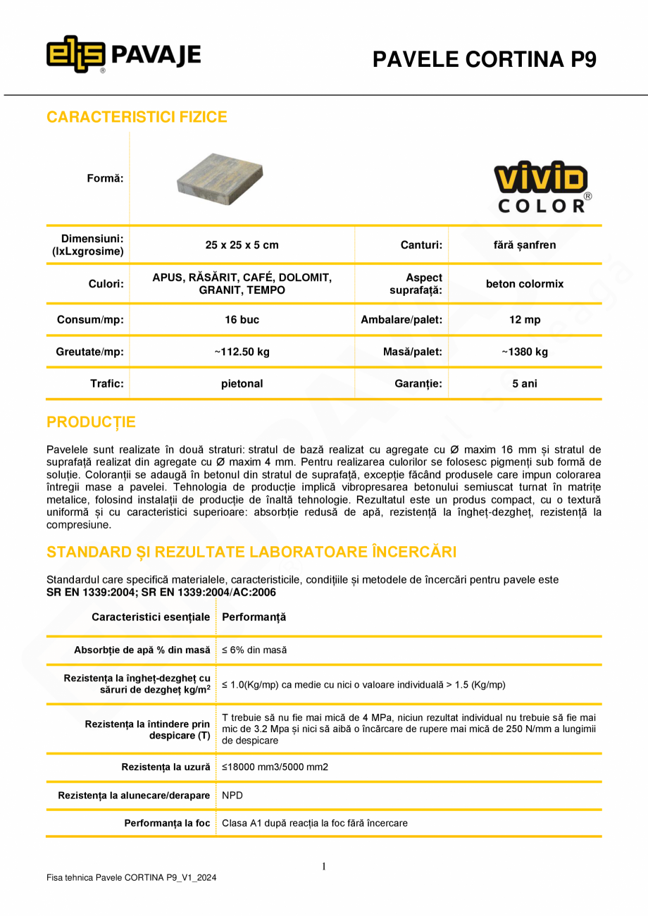 Pagina 1-Pavea premium ELIS PAVAJE Cortina P9 Fisa tehnica Romana PAVELE CORTINA P9
CARACTERISTICI FIZICE
...