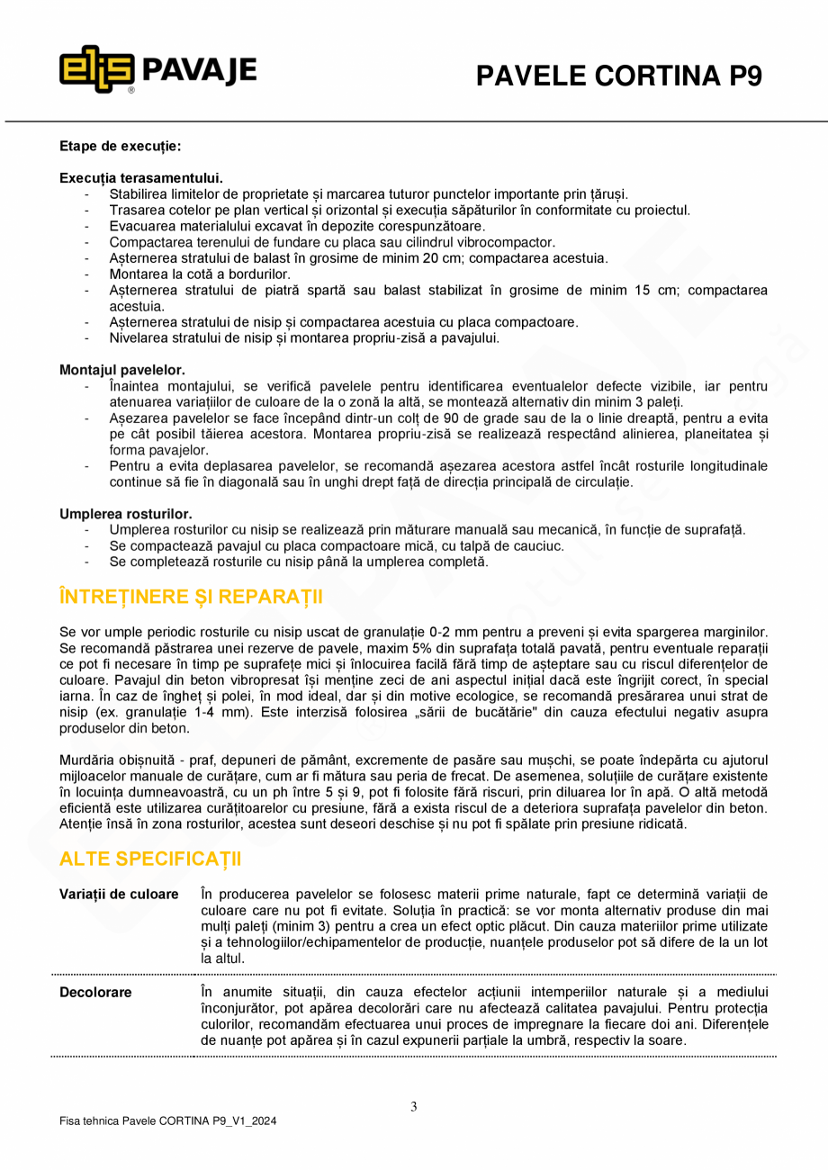 Pagina 3-Pavea premium ELIS PAVAJE Cortina P9 Fisa tehnica Romana sunt admise abateri de la dimensiunile de...