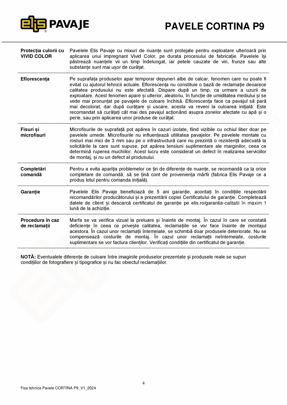 Pagina 4 - Pavea premium ELIS PAVAJE Cortina P9 Fisa tehnica Romana praf cu ciment și aditivi....