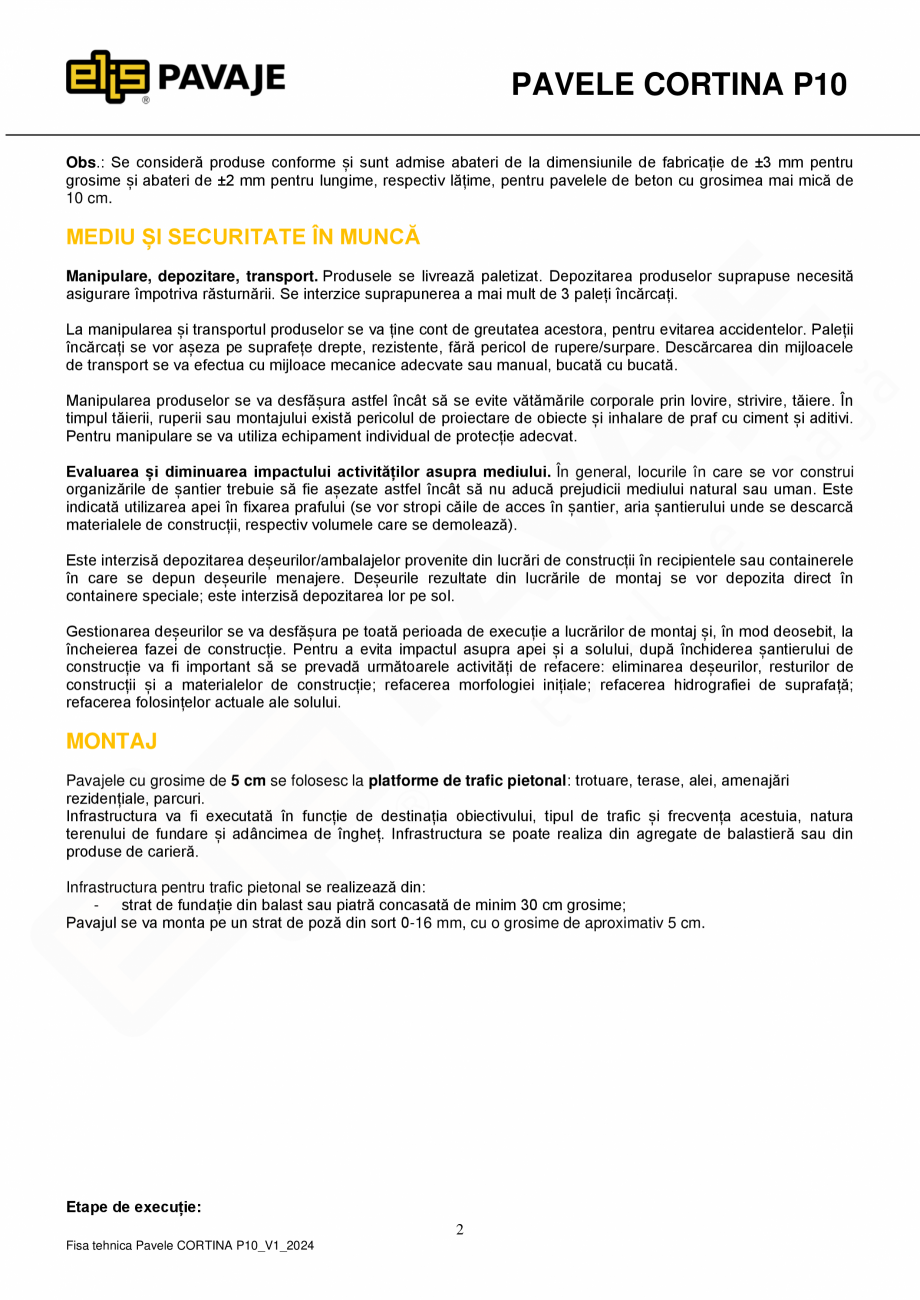 Pagina 2-Pavea premium ELIS PAVAJE Cortina P10 Fisa tehnica Romana ă de apă, rezistență la...