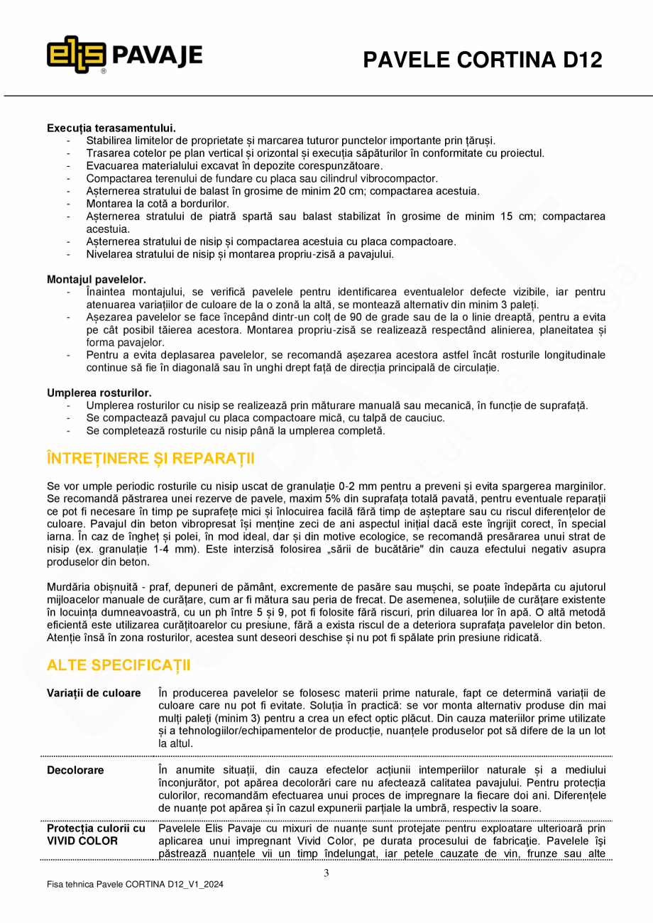 Pagina 3-Pavea premium ELIS PAVAJE Cortina D12 Fisa tehnica Romana i sunt admise abateri de la dimensiunile...