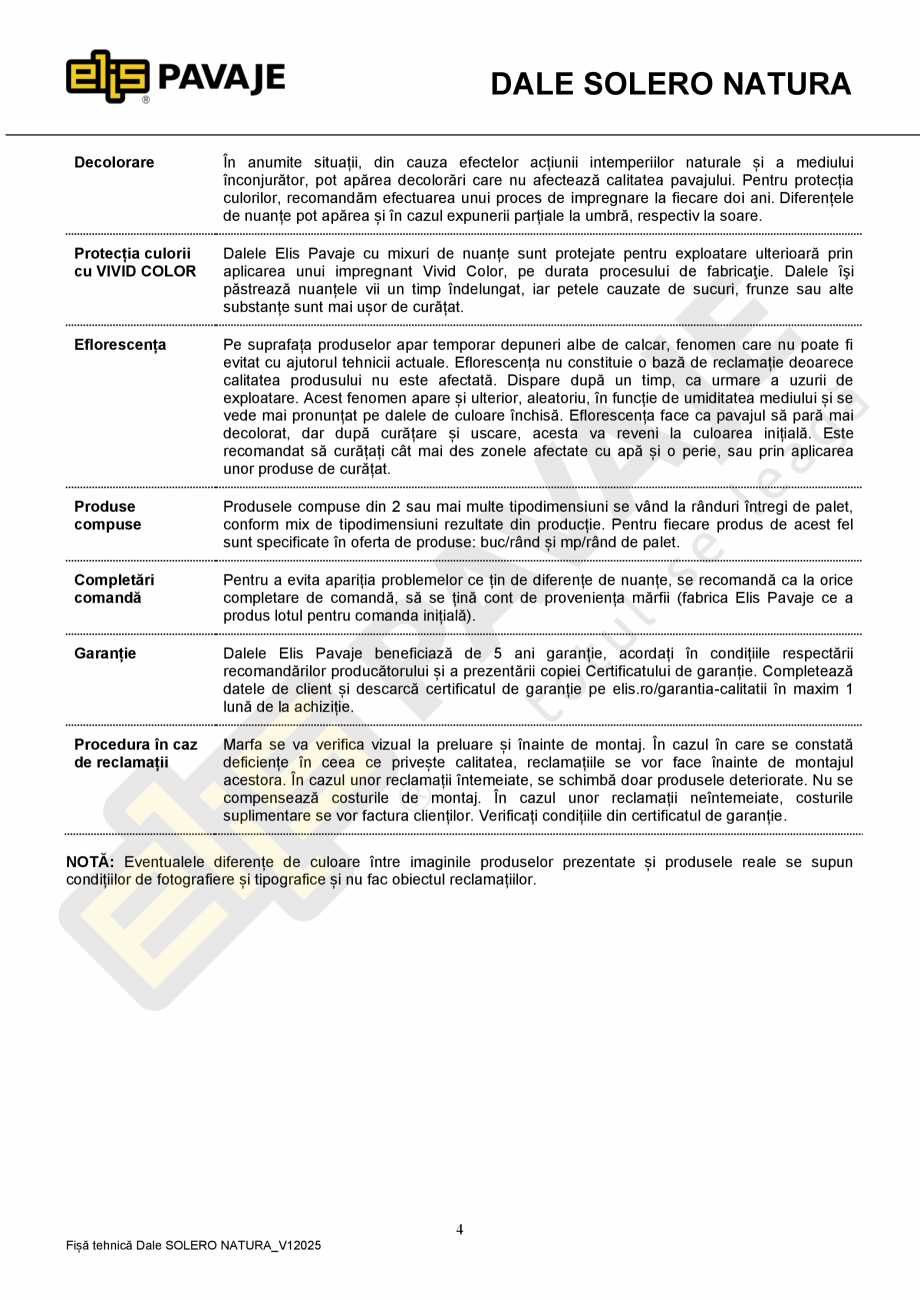 Pagina 4-Pavaj premium ELIS PAVAJE SOLERO NATURA Fisa tehnica Romana ditivi.
Pentru manipulare se va utiliza ...