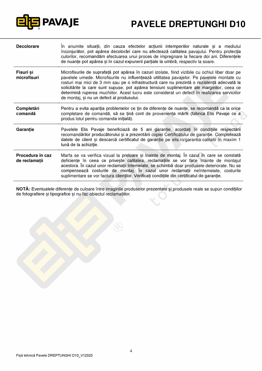 Pagina 4-Pavaj premium ELIS PAVAJE Dreptunghi D10 Fisa tehnica Romana tăierii, ruperii sau montajului...