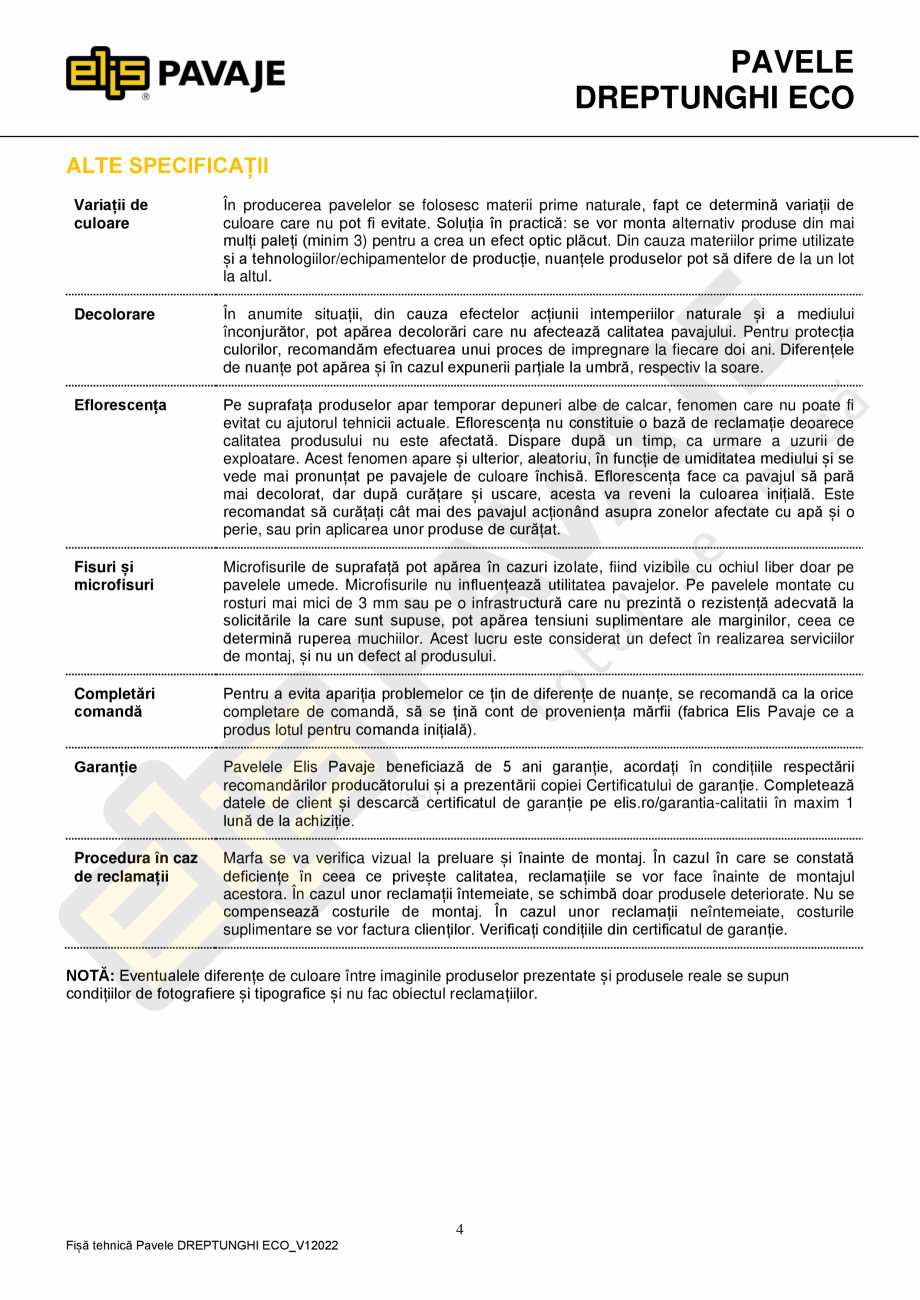 Pagina 4-Pavaj industrial ELIS PAVAJE Dreptunghi ECO Fisa tehnica Romana mpul tăierii, ruperii sau...