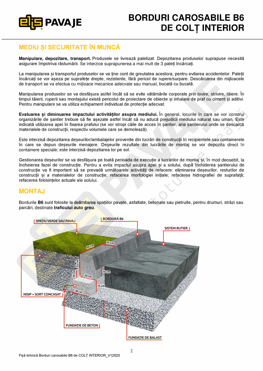Pagina 2-Bordura ELIS PAVAJE B6 de colt interior Fisa tehnica Romana condițiile și metodele de încercări ...