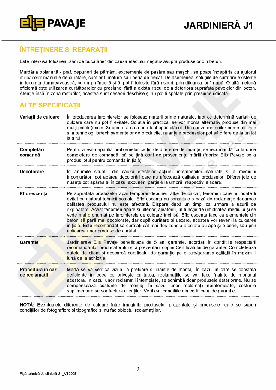 Pagina 3-Jardiniera ELIS PAVAJE J1 Fisa tehnica Romana ularea produselor se va desfășura astfel încât să...