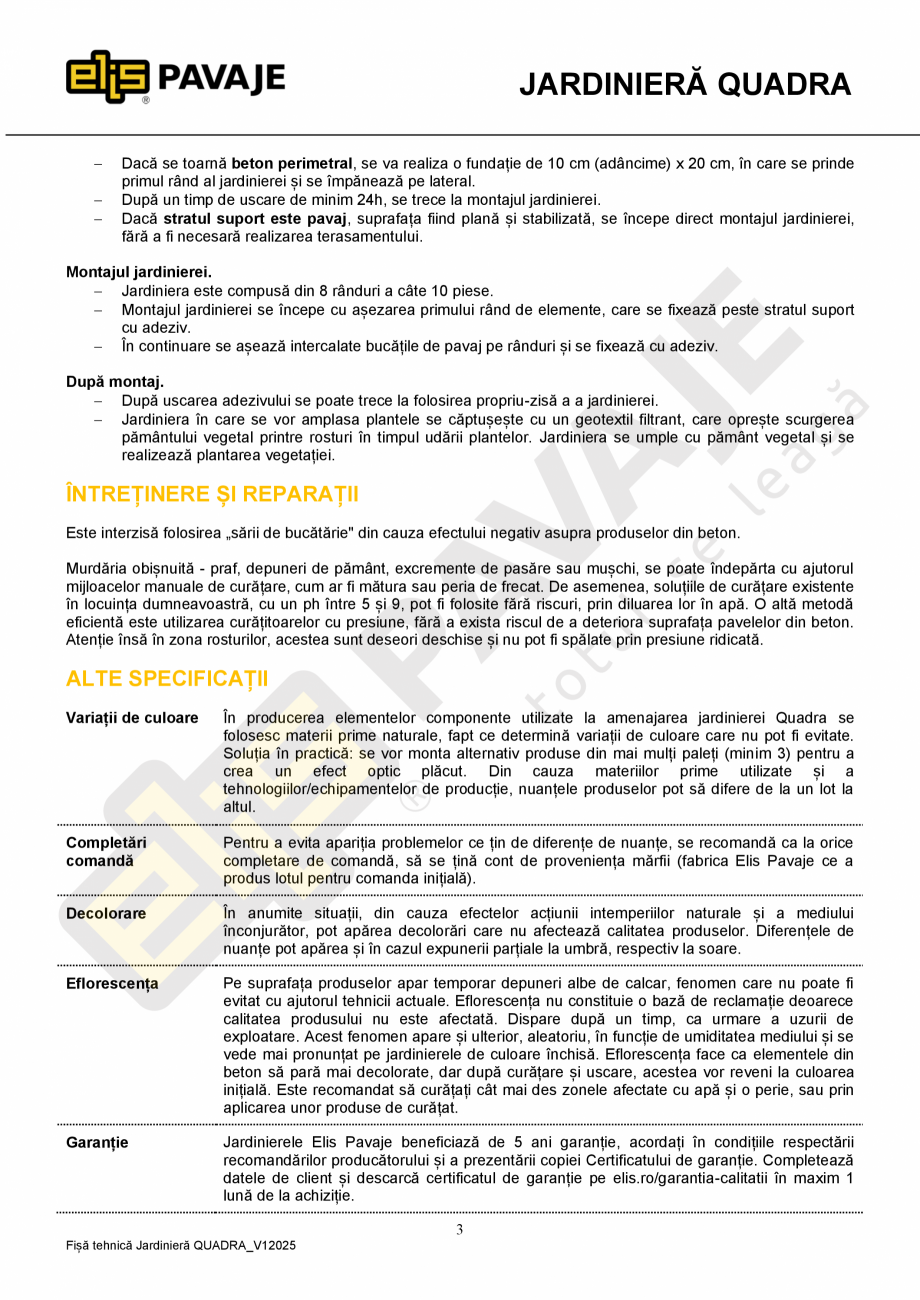 Pagina 3-Jardiniera ELIS PAVAJE Quadra Fisa tehnica Romana  bucată.
Manipularea produselor se va desfășura...