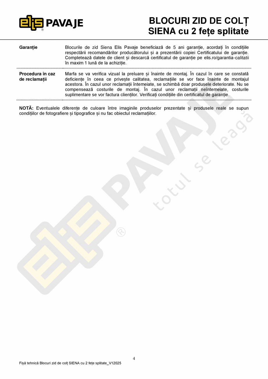 Pagina 4-Bloc zid de colt Siena ELIS PAVAJE Siena colt cu doua fete splitate Fisa tehnica Romana t să nu...