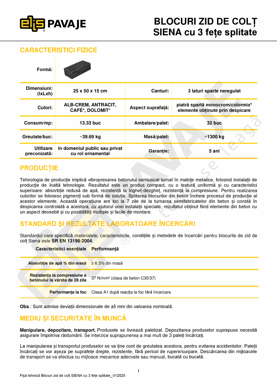 Pagina 1-Bloc zid de colt Siena ELIS PAVAJE colt Siena cu 3 fete splitate Fisa tehnica Romana BLOCURI ZID DE ...