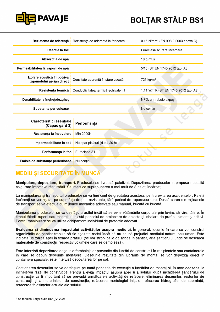 Pagina 2-Boltar stalp ELIS PAVAJE BS1 Fisa tehnica Romana fică materialele, caracteristicile, condițiile...