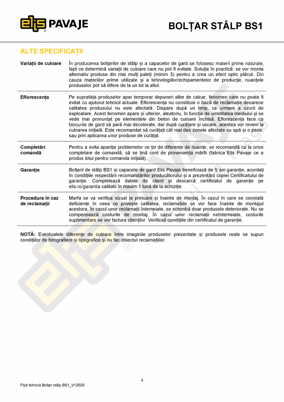 Pagina 4-Boltar stalp ELIS PAVAJE BS1 Fisa tehnica Romana bucată.
Manipularea produselor se va desfășura...