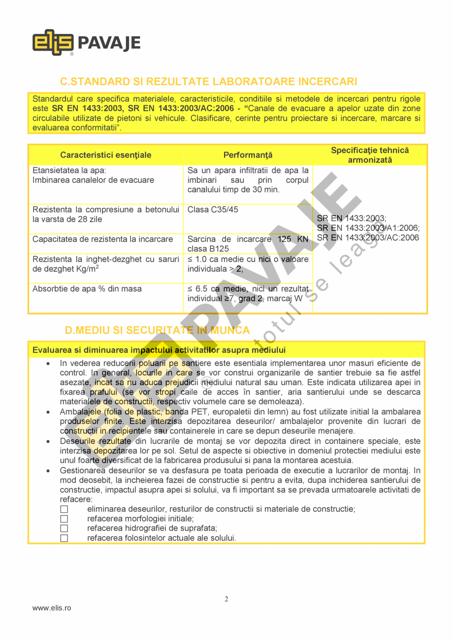 Pagina 2-Sant trapezoidal prefabricat din beton ELIS PAVAJE R4 Fisa tehnica Romana usa de apa, rezistenta la ...