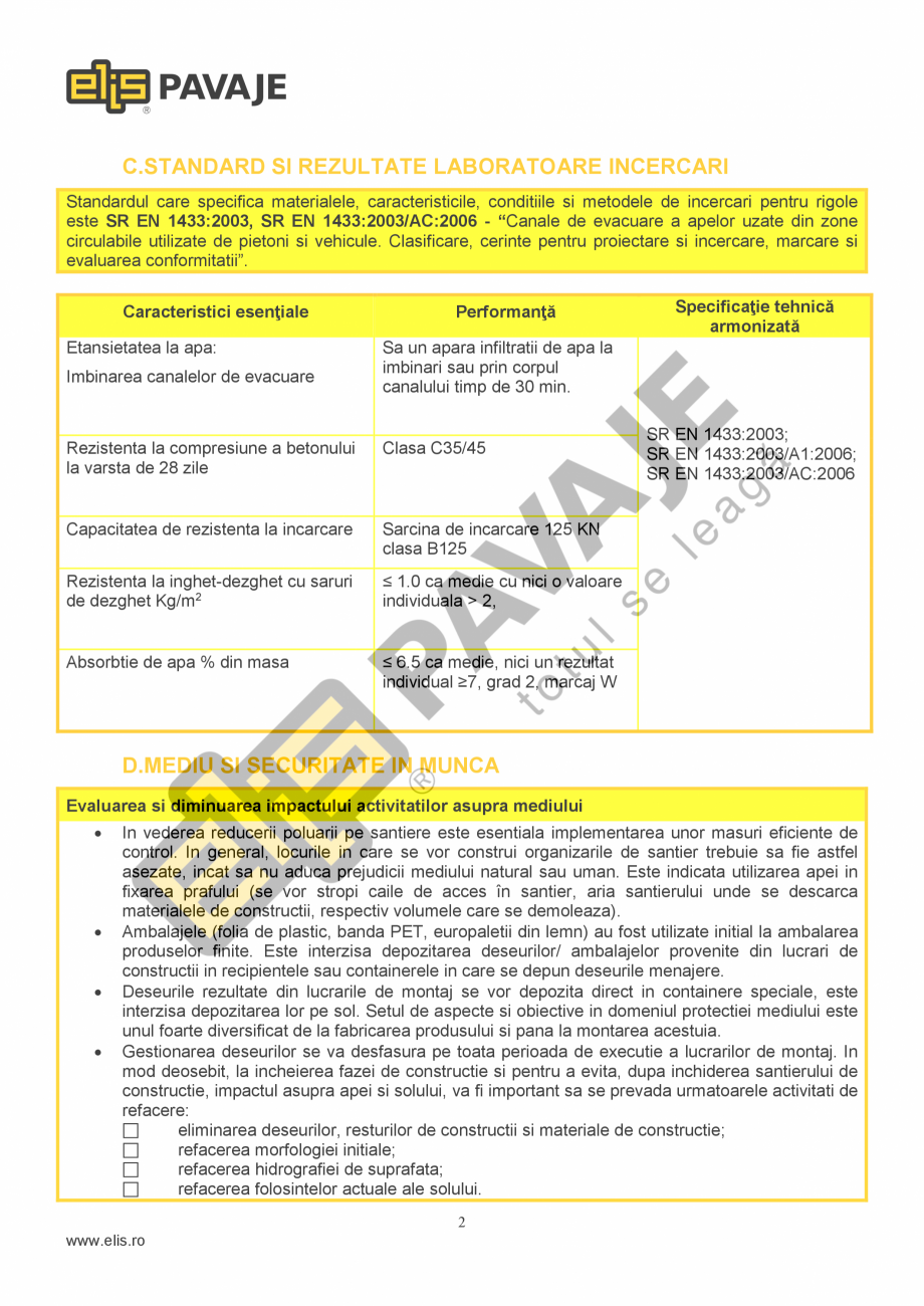Pagina 2-Sant trapezoidal prefabricat din beton  ELIS PAVAJE R8 Fisa tehnica Romana dusa de apa, rezistenta...