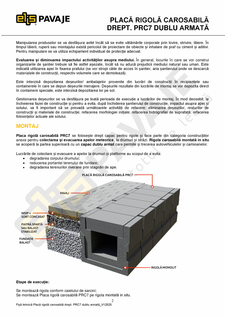 Pagina 2-Placa rigola carosabila drpt. PRC7 dublu armata ELIS PAVAJE Fisa tehnica Romana 2003/A1:2006, SR EN ...