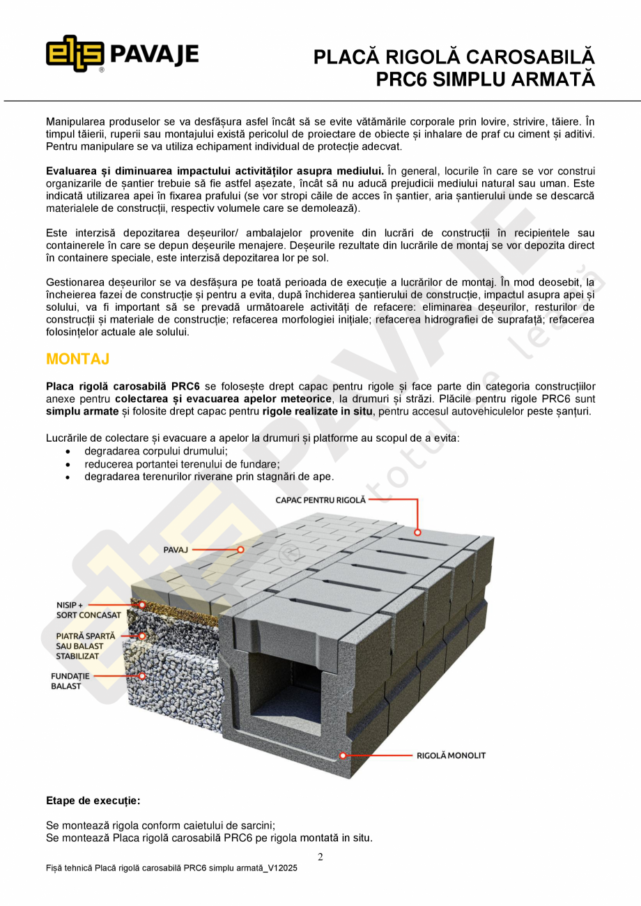 Pagina 2-Placa rigola carosabila PRC6 simplu armata ELIS PAVAJE Fisa tehnica Romana :2003/A1:2006, SR EN...