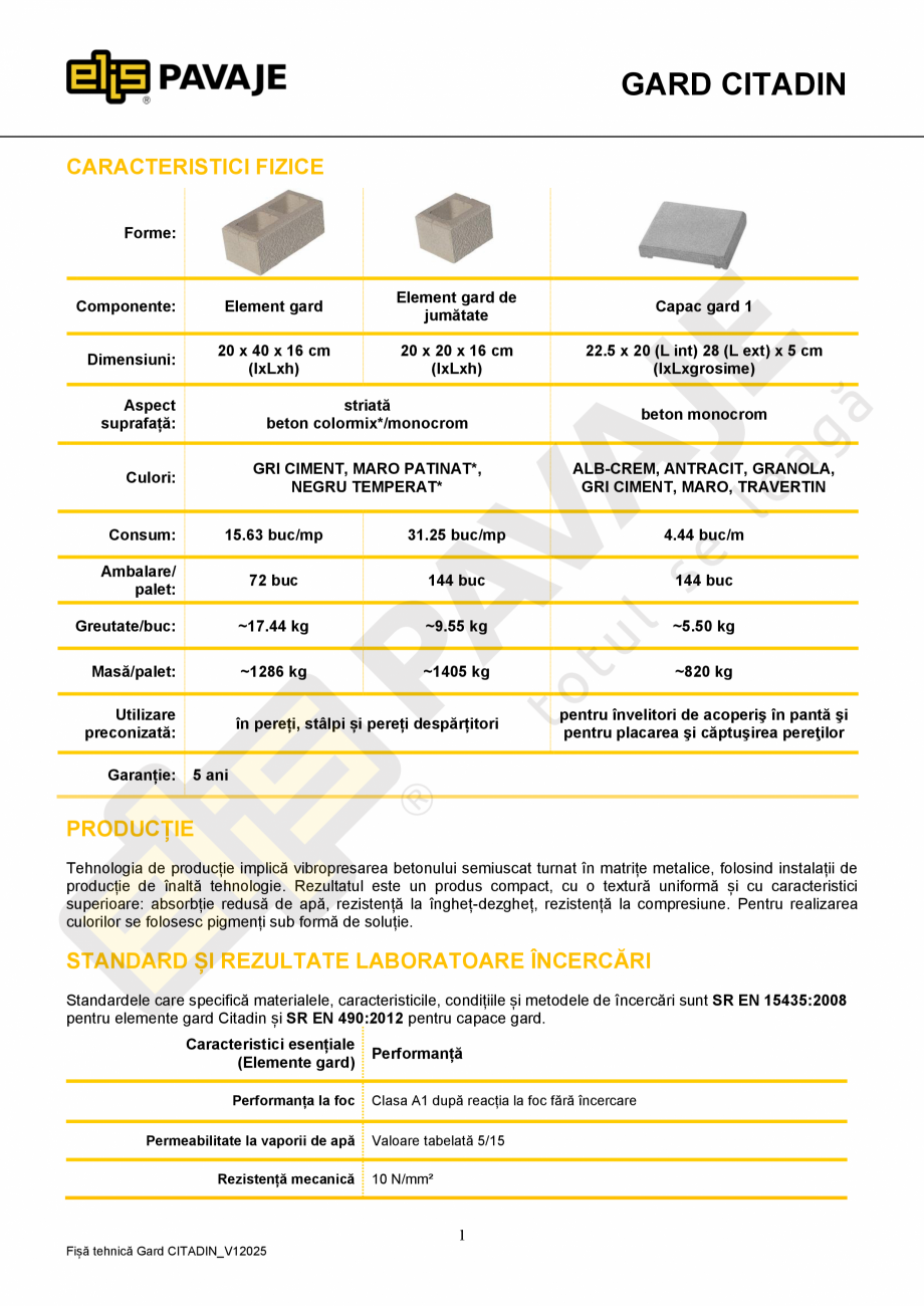 Pagina 1-Element gard Citadin ELIS PAVAJE Fisa tehnica Romana GARD CITADIN
CARACTERISTICI FIZICE
Forme:
...