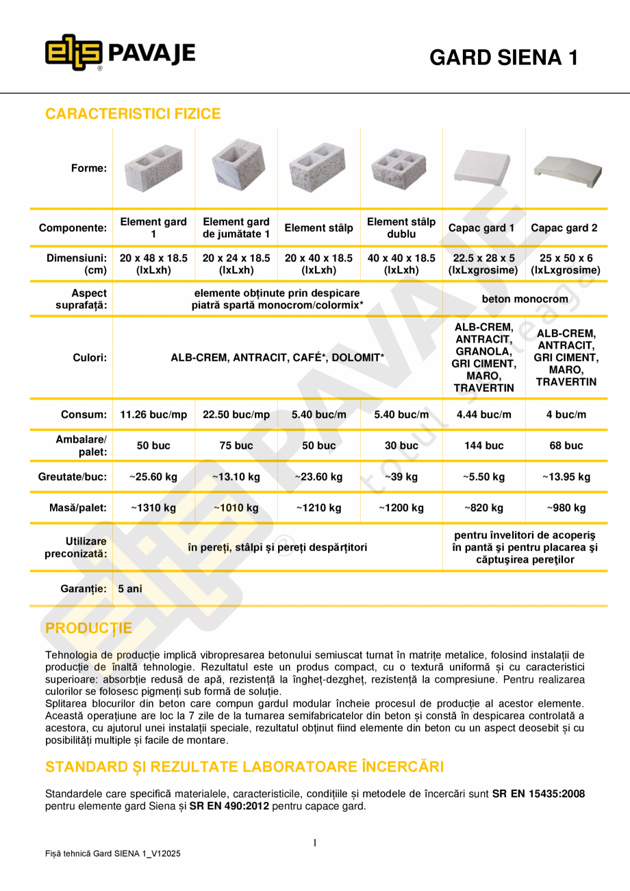 Pagina 1-Element gard Siena 1 ELIS PAVAJE gard de jumatate Siena Fisa tehnica Romana GARD SIENA 1...