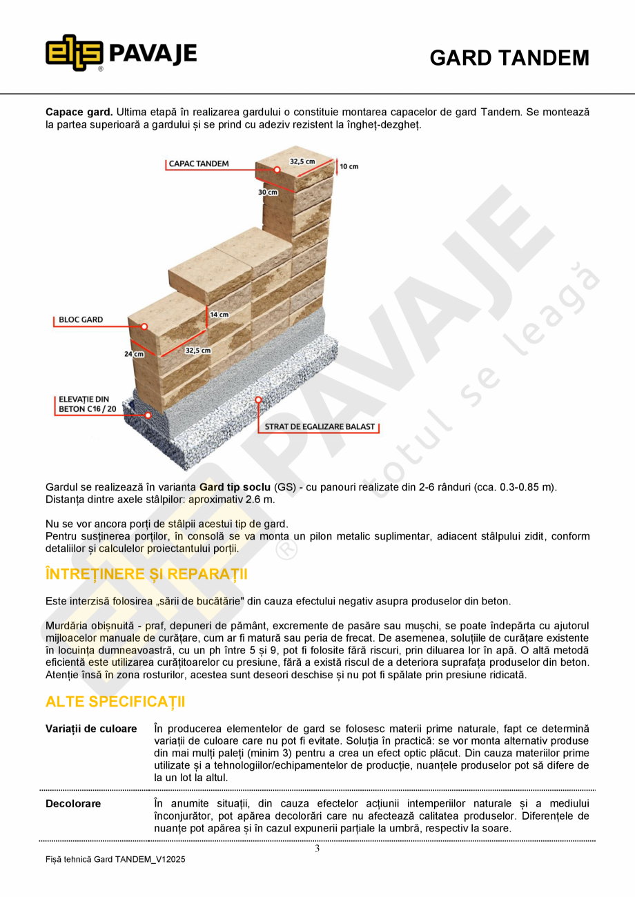 Pagina 3-Capac gard ELIS PAVAJE capac gard Tandem Fisa tehnica Romana blocurile de gard Tandem....
