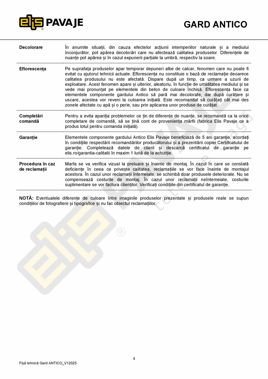 Pagina 4-Capac gard 2 ELIS PAVAJE Fisa tehnica Romana  pericolul de proiectare de obiecte și inhalare de...