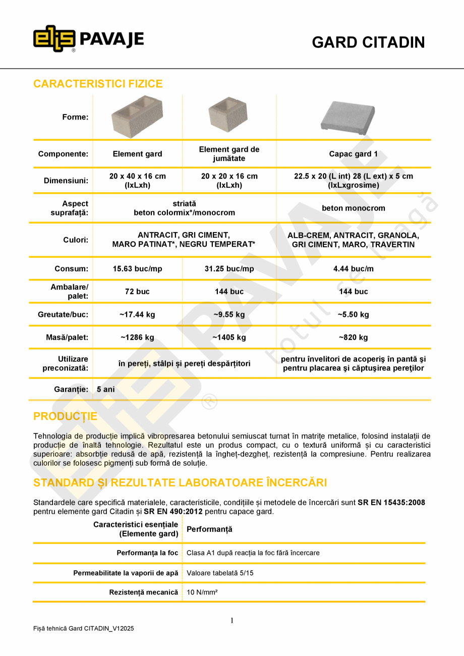 Pagina 1-Element gard de jumatate Citadin ELIS PAVAJE Fisa tehnica Romana GARD CITADIN
CARACTERISTICI FIZICE
...