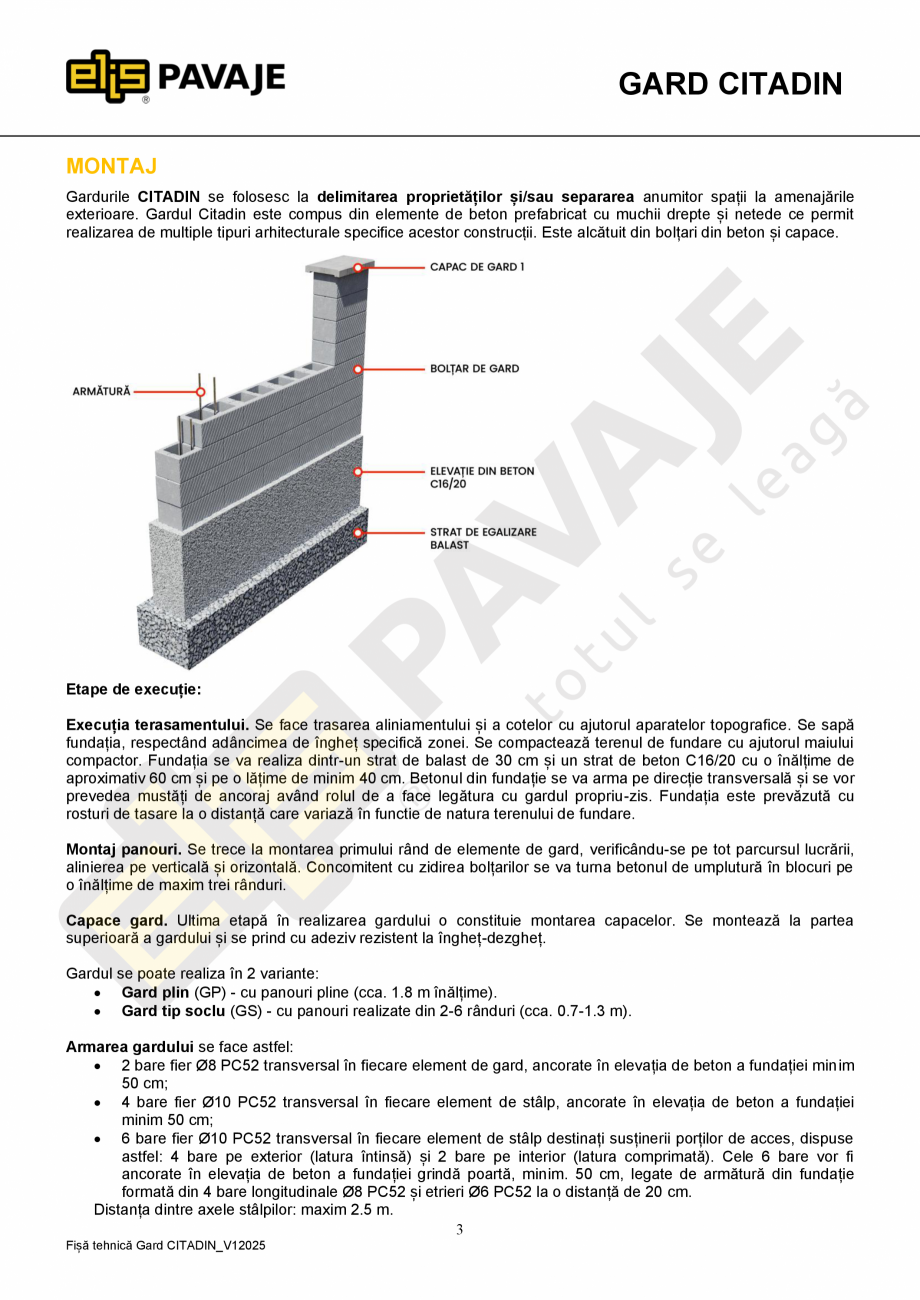 Pagina 3-Element gard de jumatate Citadin ELIS PAVAJE Fisa tehnica Romana  mm din valoarea nominală
pentru...