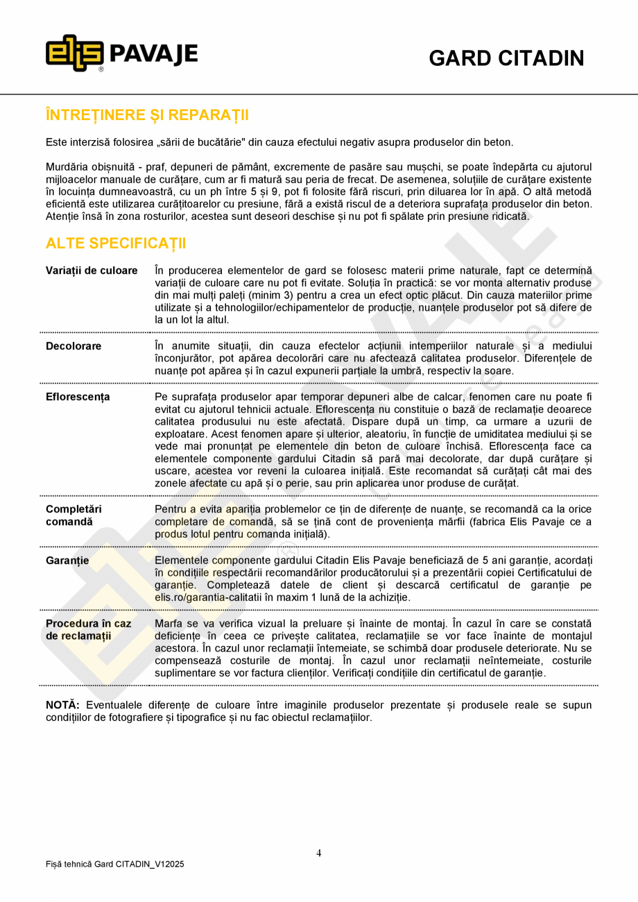 Pagina 4-Element gard de jumatate Citadin ELIS PAVAJE Fisa tehnica Romana astfel încât să se evite...