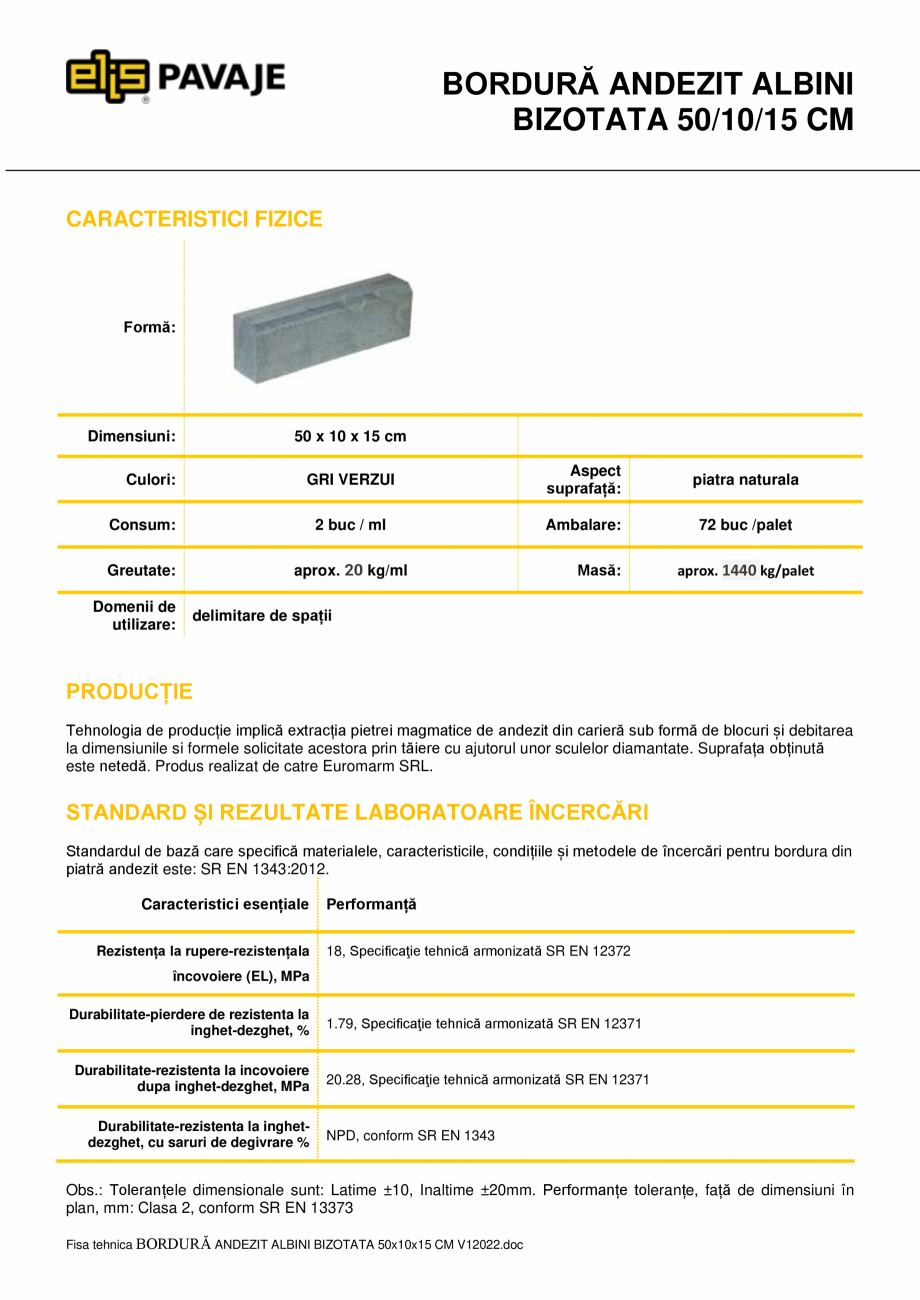 Pagina 1-Bordura ELIS PAVAJE Albini bizotata 50/10/15 Fisa tehnica Romana BORDURĂ ANDEZIT ALBINI
BIZOTATA...