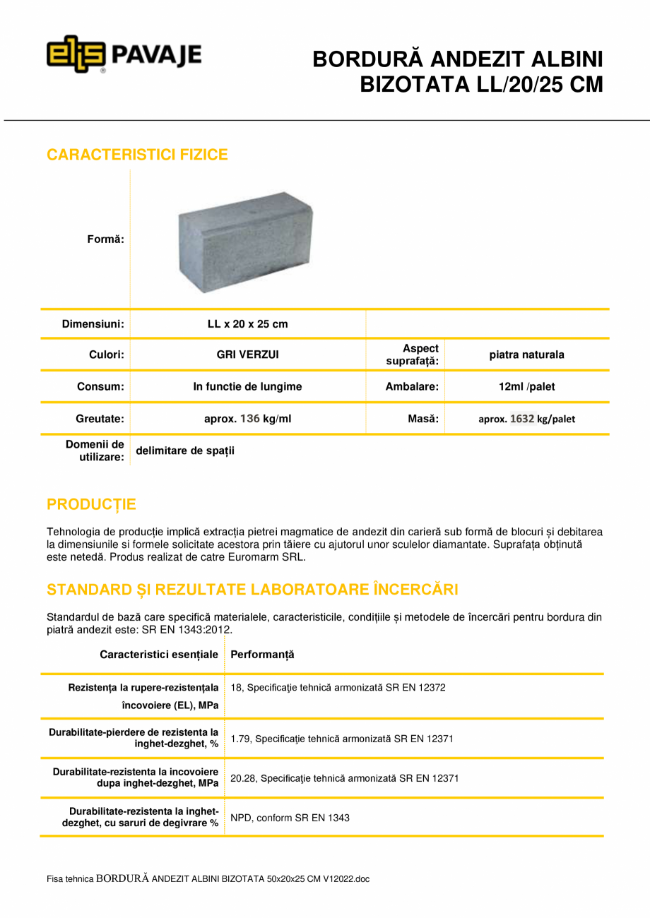 Pagina 1-Bordura ELIS PAVAJE Albini bizotata 50/20/25 Fisa tehnica Romana BORDURĂ ANDEZIT ALBINI
BIZOTATA...