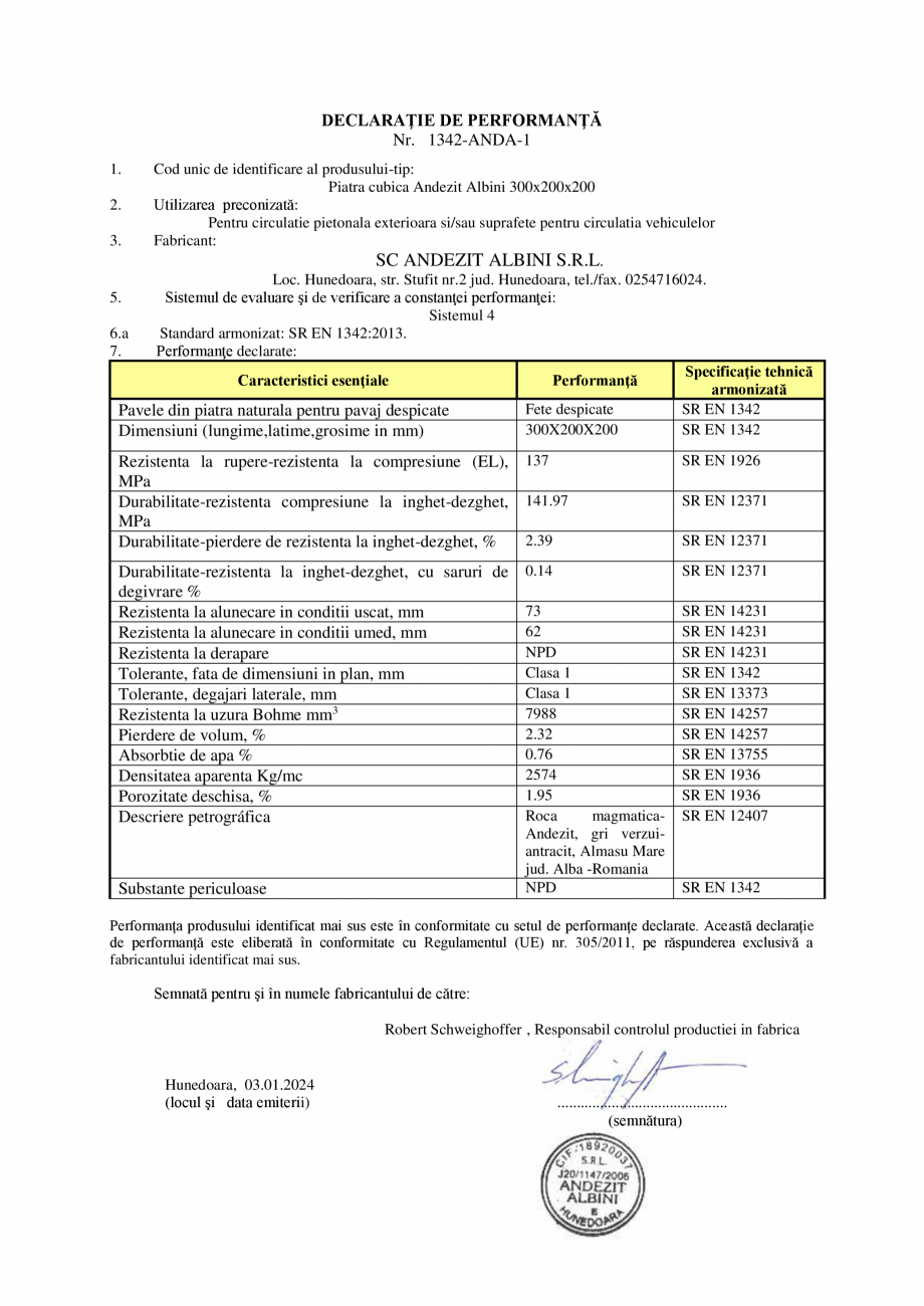 Pagina 1-Declaratie de performanta piatra Andezit ELIS PAVAJE Albini 30/20/20 Certificare produs Romana...